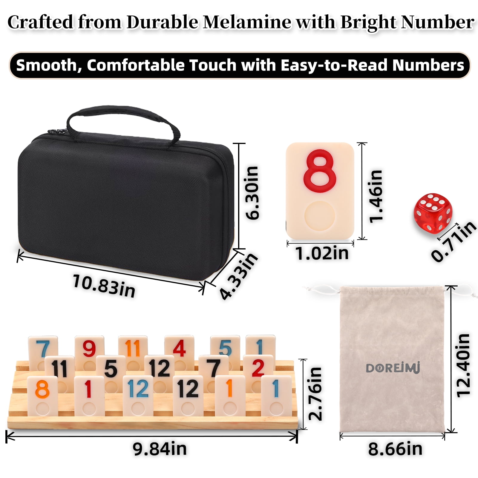 Rummy Cube 4 Player Edition with 4 Wooden Racks,108 Tiles Rummy Cube Game Original with Portable Case，Drawstring Bag Rummy Game Large Number Rummy Tiles Travel Game Set for Family Classic Board Games