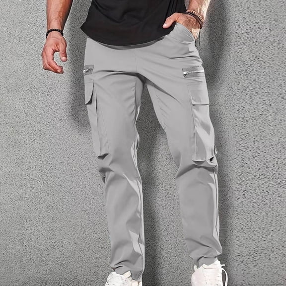 CQONEPT Men's Cargo Pants Casual Straight Leg Drawstrings Loose Fit Loungewear Outdoor Fashion Trousers with Zipper Pockets Gray L