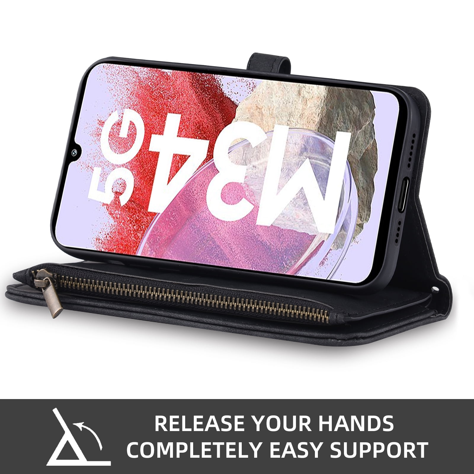 Asuwish Phone Case for Samsung Galaxy A25 5G/A24 4G/M34 /F34 Wallet Cover With Tempered Glass Screen Protector Crossbody Wrist Strap Flip Pattern Zipper Credit Card Holder Cell A 25 25A 24A LTE Black