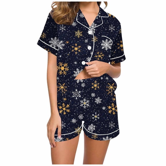 asdoklhq Womens Flannel Pajamas Sets Women Christmas Printed Stand Up Collar Pocket Short Sleeved Top Shorts Home Wear Pajama Set Dark Blue 2X