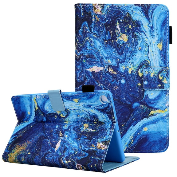 Allytech Compatible with Galaxy Tab A8 Case [10.5" 2021], Anti-Slip PU Leather Folding Stand [Magnetic Closure] [Card Slots] [Pen Holder] Case for Samsung Galaxy Tab A8 SM-X200/X205, Blue Gold Marble