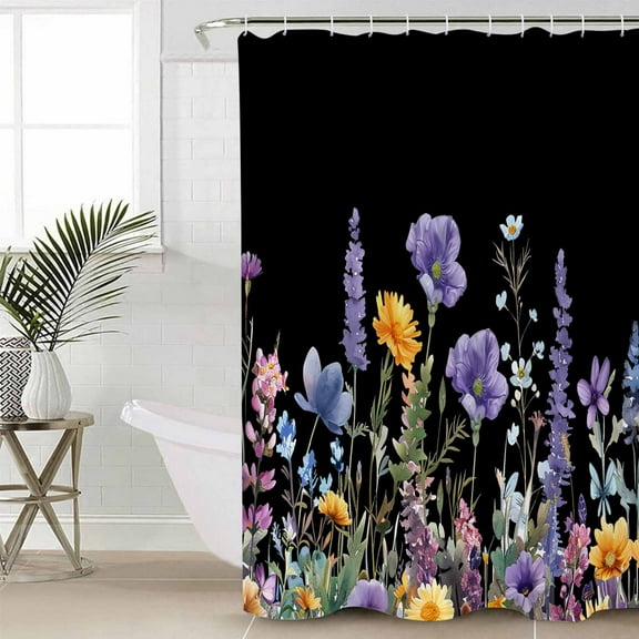 Purple Flower Bathroom Curtain 78 Inch Shower Curtain with Hooks, Vintage Botanical Faloral Plant Black Waterproof Polyester Bath Curtain Washable Bathtub Curtain 36''x 78''