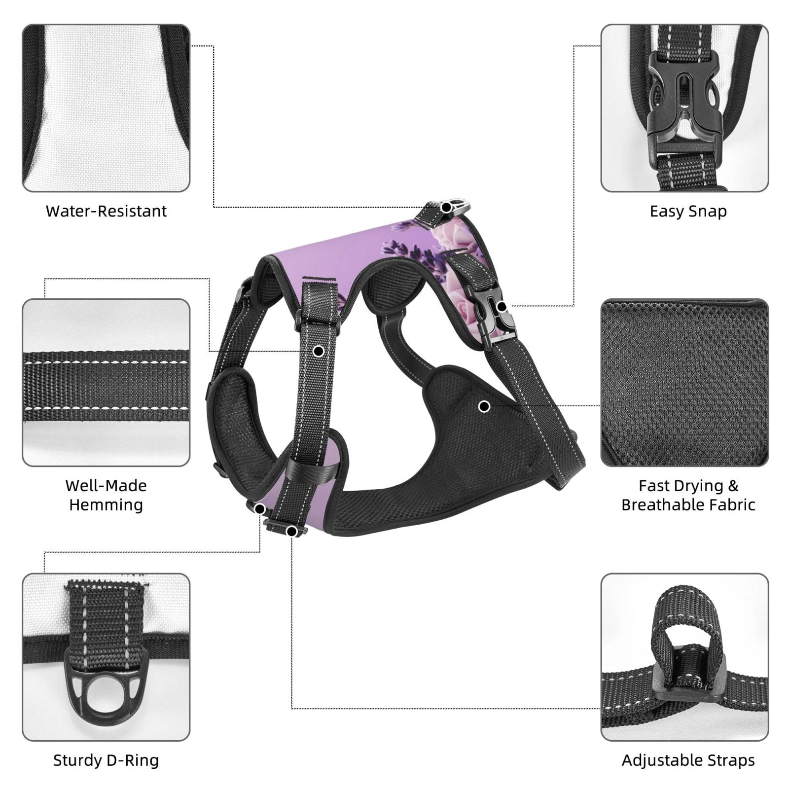 Vsdgher Lavender Roses Arrangement Dog Harness, No-Pull Pet Harness, Dog Vest, Pet Vest for Small to Large Dogs-Small