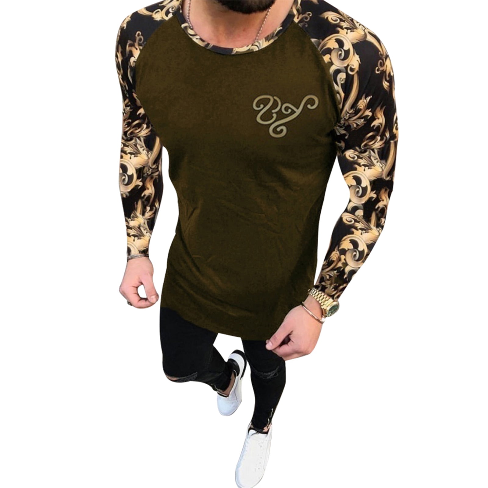 Fashion Mens Slim Fit Round Neck Long Sleeve Tattoo Print Casual T-Shirt Top 