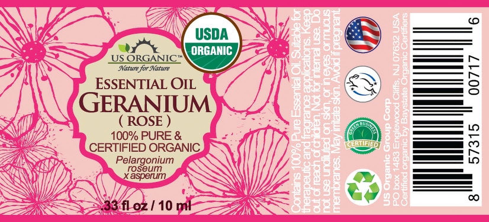 US Organic Rose Geranium Essential Oil, 100% Pure Certified USDA Organic 10ml