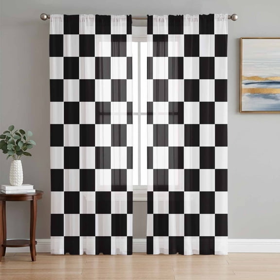 Simple Black White Checkered Semi Sheer Curtains 108 Inch Length 2 Panels Set, Lattice Buffalo Plaid Sheer Kitchen Curtain Privacy Voile Window Curtain for Living Room Bedroom Rod Pocket Drapes