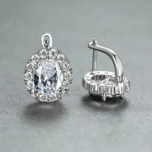 Brass Cubic Zirconia Hoop Earrings Oval Silver Clear 14x12mm Cubic Zirconia