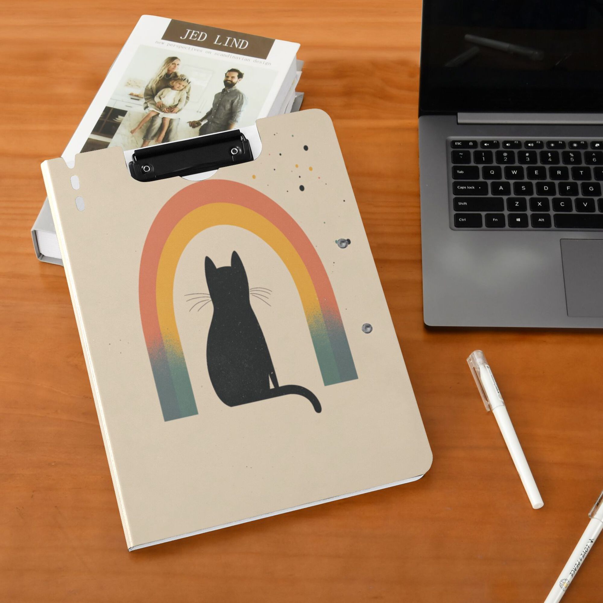 FORMRS A4 Clipboard Folder with Pen Holder Horizontal Foldable School Office Binder, Beige Cat Rainbow