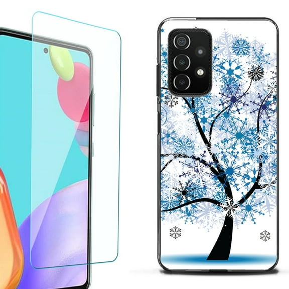Slim-Fit Flexible TPU Gel Phone Case (black) for Samsung Galaxy A52 5G, with Tempered Glass Screen Protector, by OneToughShield ® - Snowflakes Tree