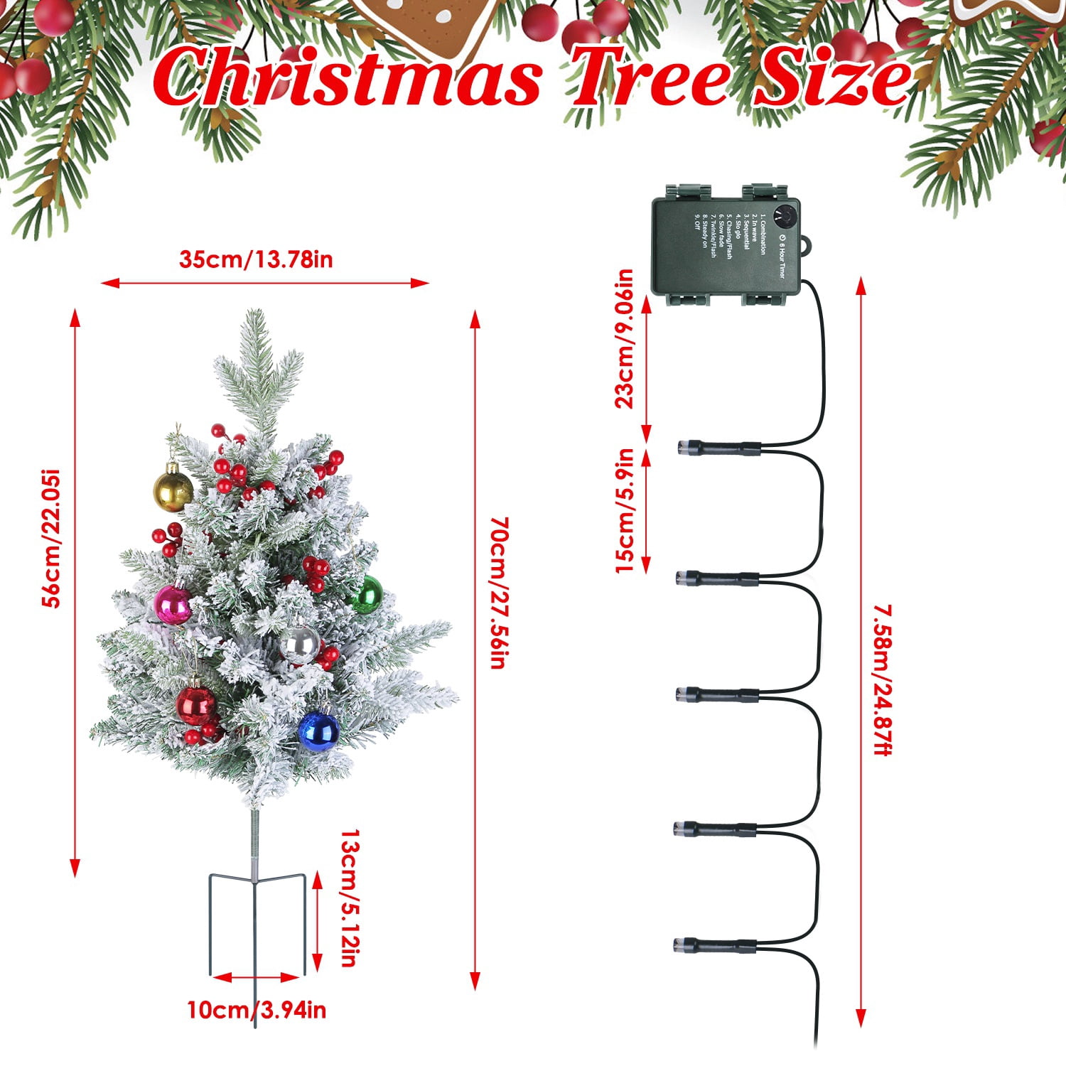 Astoutdoor Lighted Artificial Christmas Tree, 50 LED, 8 Lighting Modes, Auto Timer, IP44 Waterproof, Battery Operated, Red Berries, 13.78 in x 13.78 in x 27.56 in