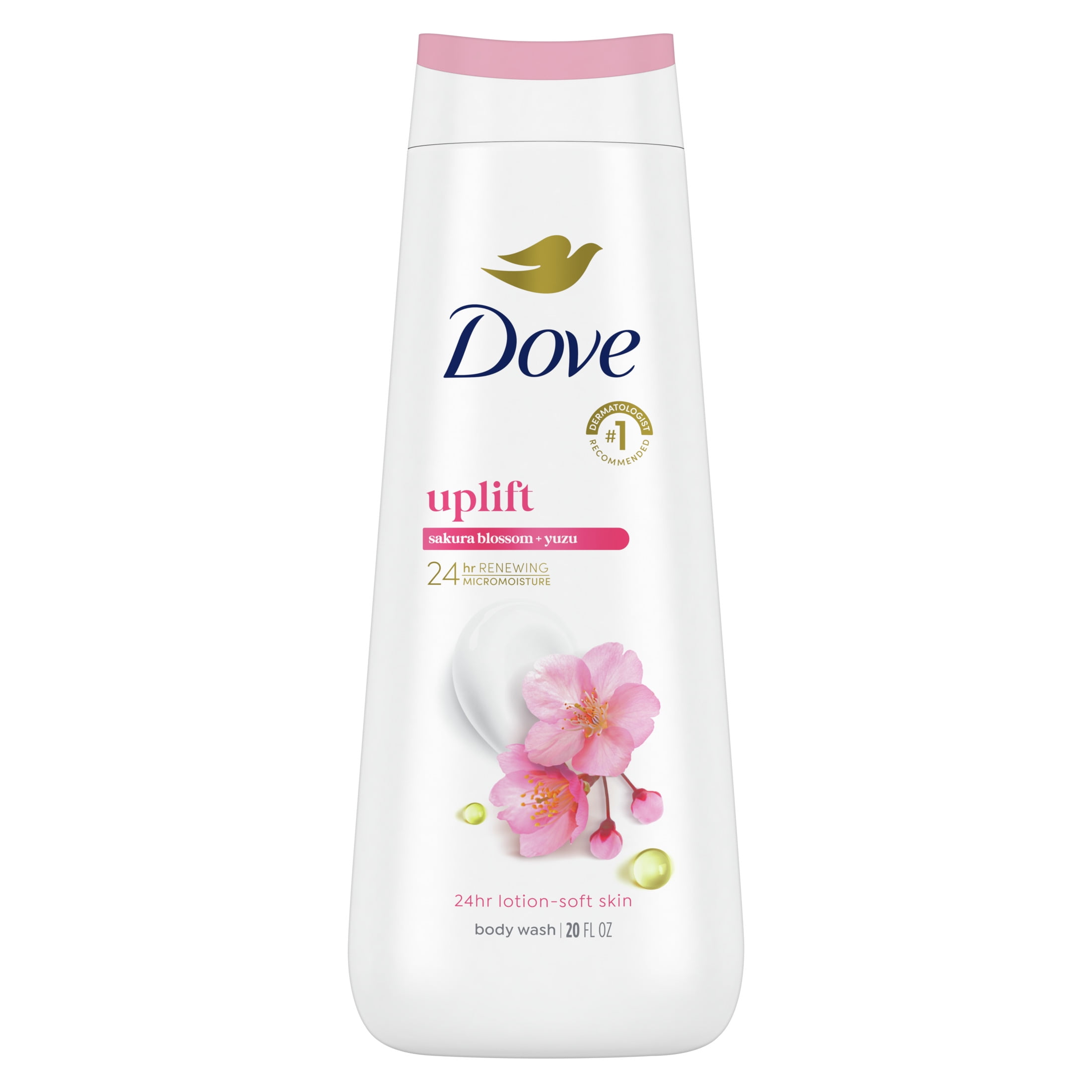 (4 pack) Dove Body Wash for 24hr Lotion-Soft Skin Uplift Sakura Blossom and Yuzu Moisturizing Skin Cleanser with No Sulfates No Parabens, 20 fl oz
