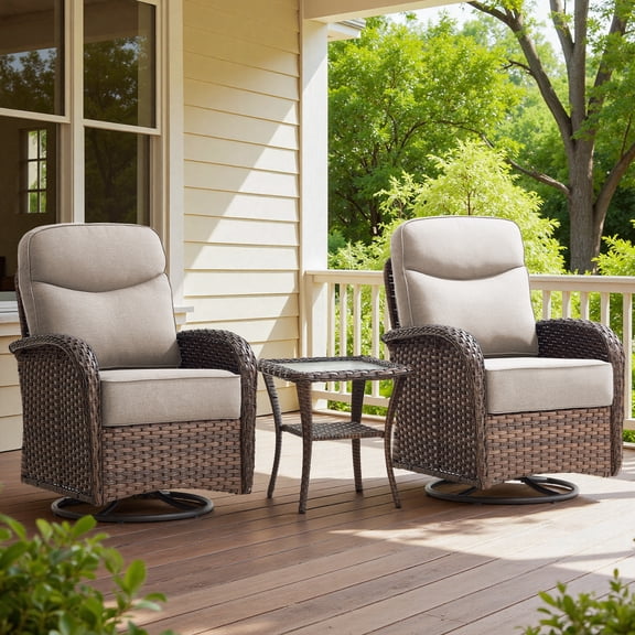 POCASSY Patio Swivel Chairs with 6-Inch Extra Thick Cushion, 3-Piece Patio Furniture Set, High Back Swivel Chairs Set of 2 with Side Table, All-Weather Brown Wicker Beige Cushion, for Porch Balcony