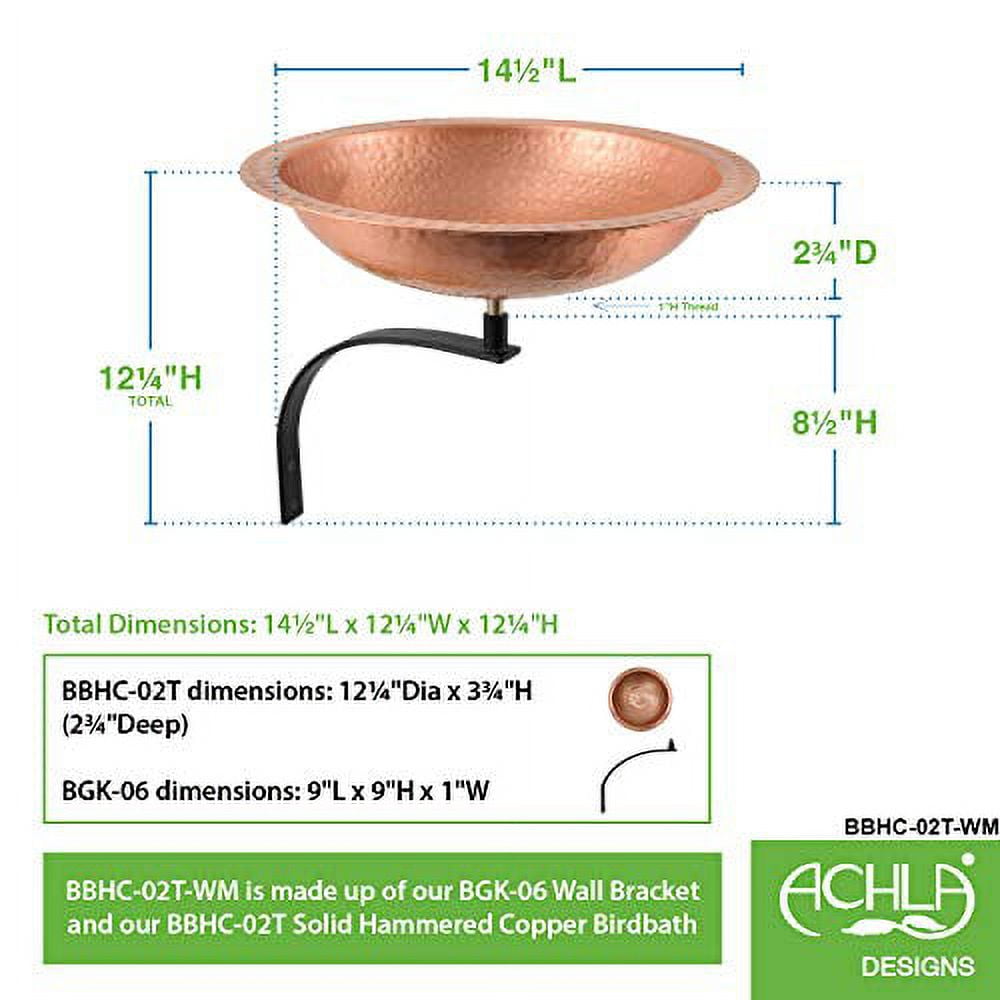 Achla Designs  Hammered Solid Copper Birdbath w/Wall Mount Bracket, 12.25 Inch Tall, Satin Copper