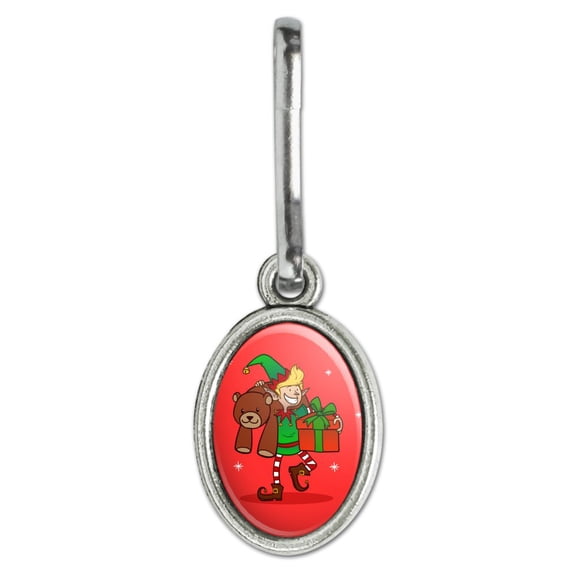 Christmas Elf with Presents and Gifts Antiqued Oval Charm Clothes Purse Suitcase Backpack Zipper Pull Aid