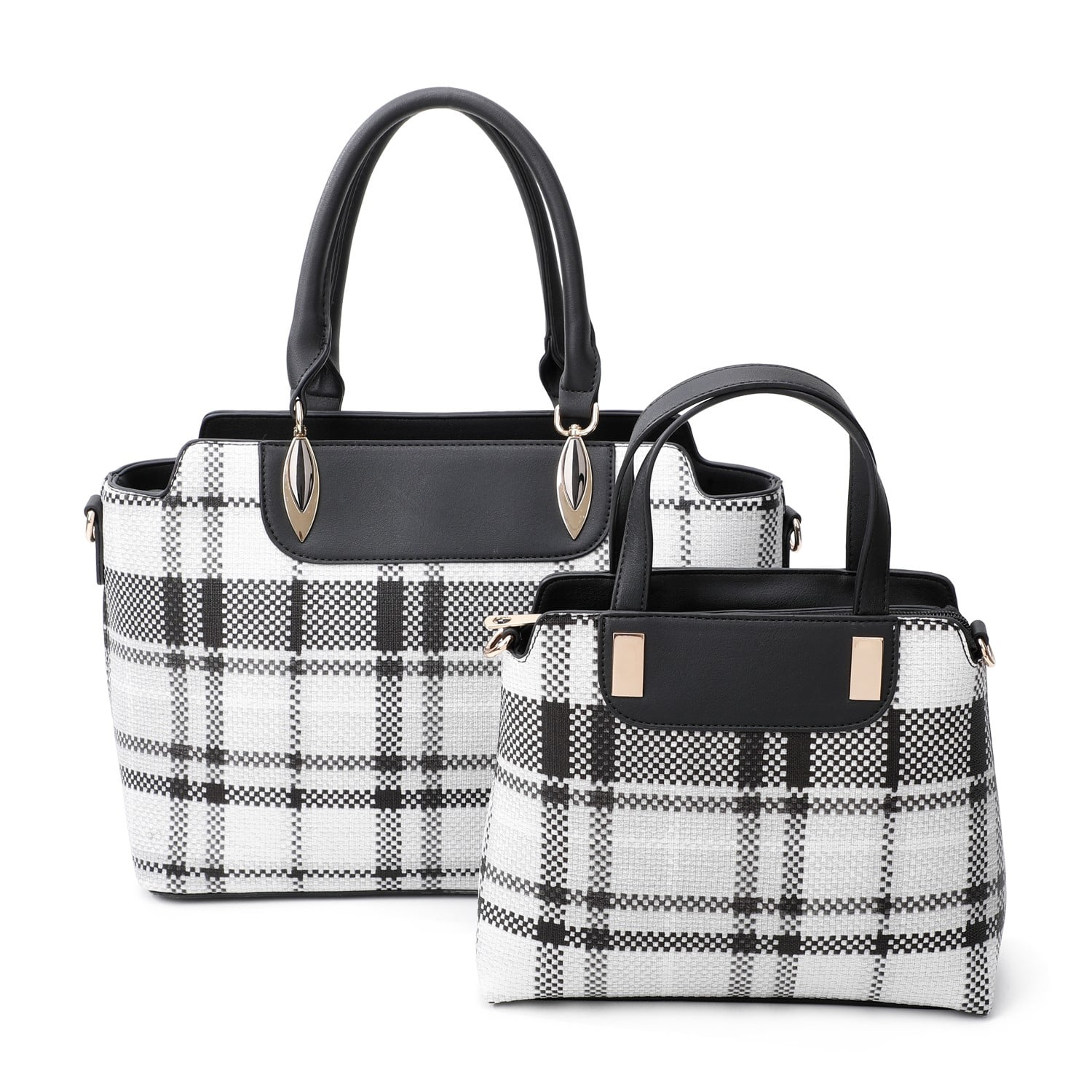 2In1 Chic Plaid Check Satchel Set With Long Strap , Black