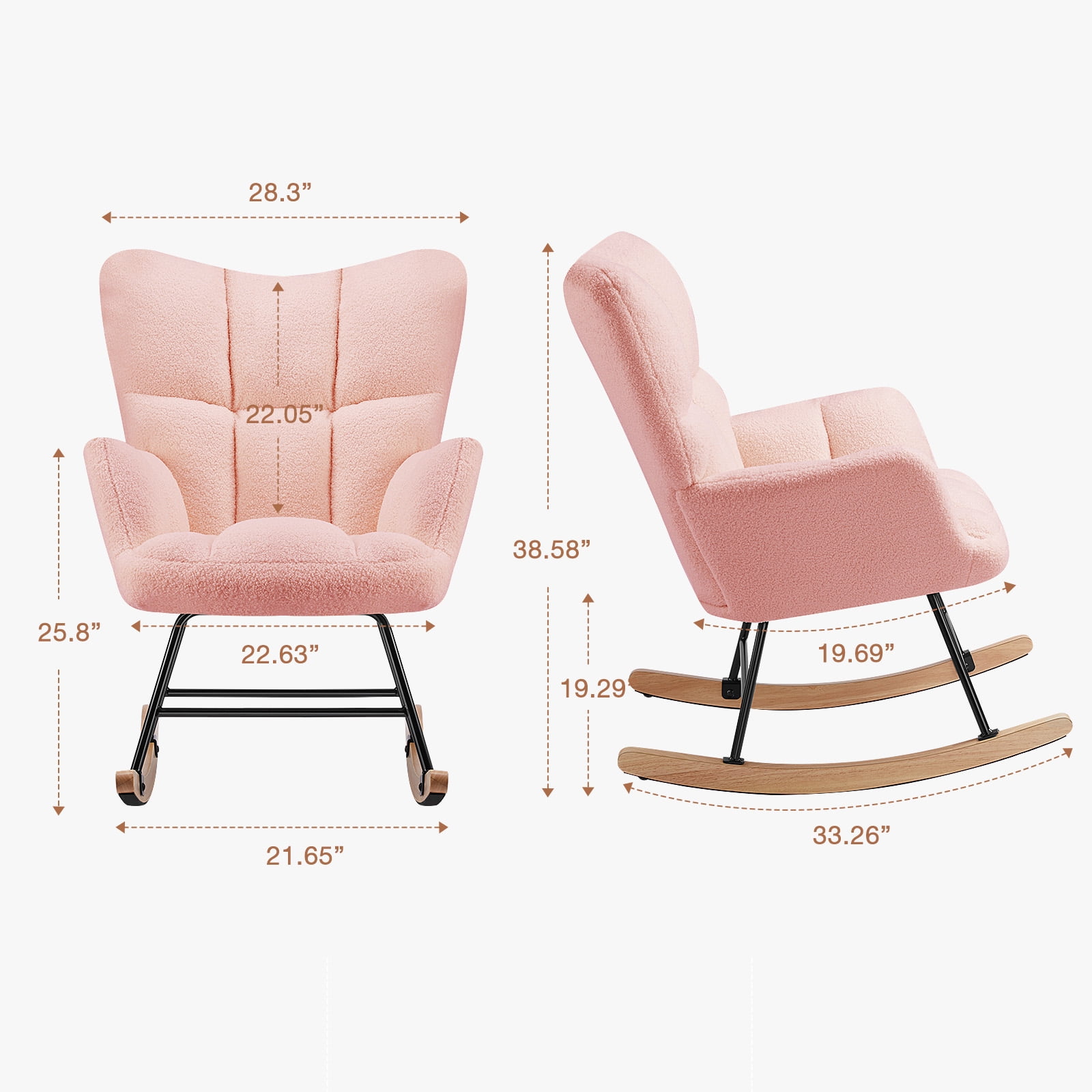 GIANNA Rocking Chair, with Wing Backrest Wide Armrest, Comfortable Nursery Bedroom Furniture, Pink