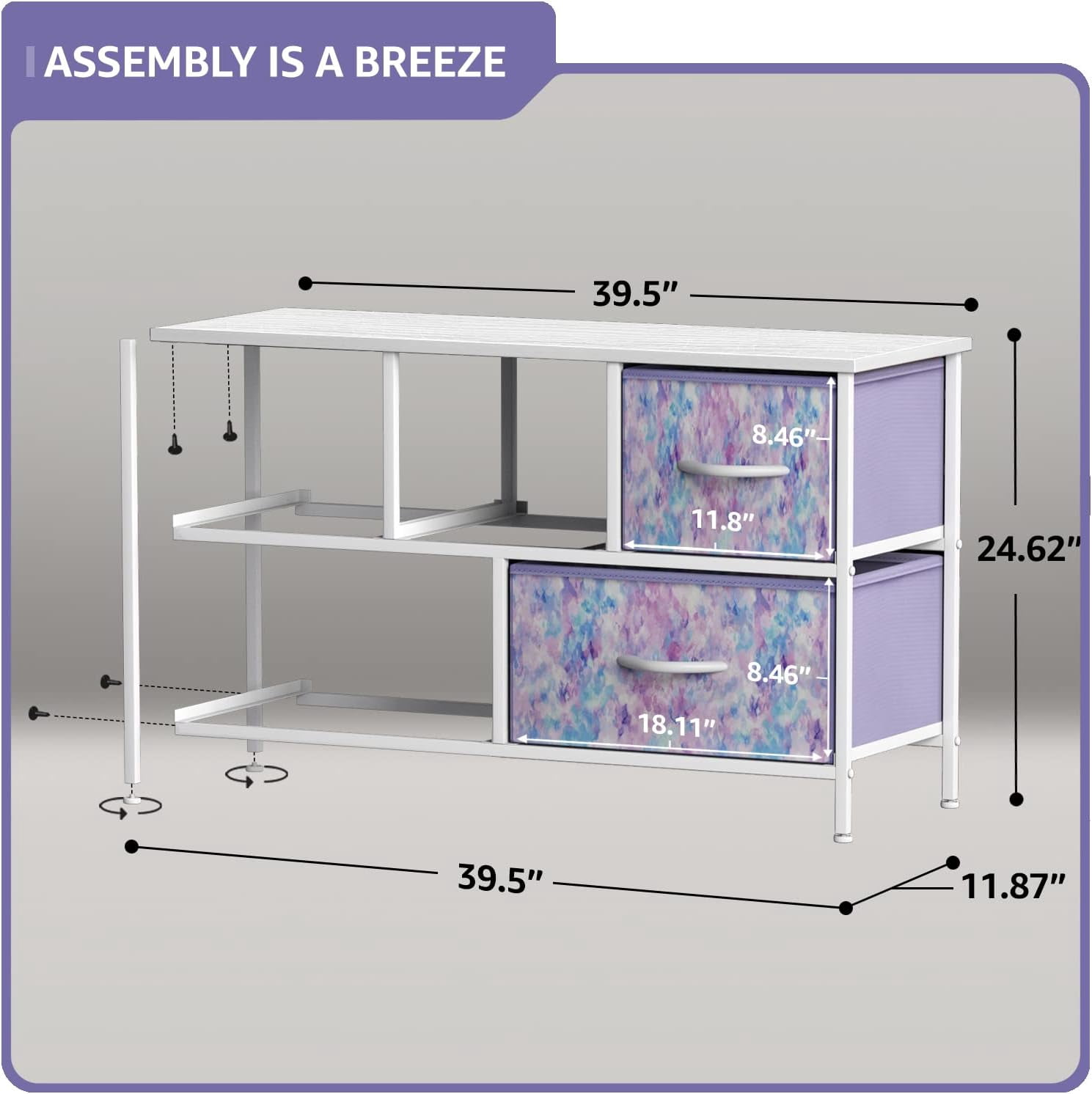 Sorbus 5-Drawer Dresser Storage Chest, Steel Frame, Wood Top, Fabric Bins, Tie-Dye Purple