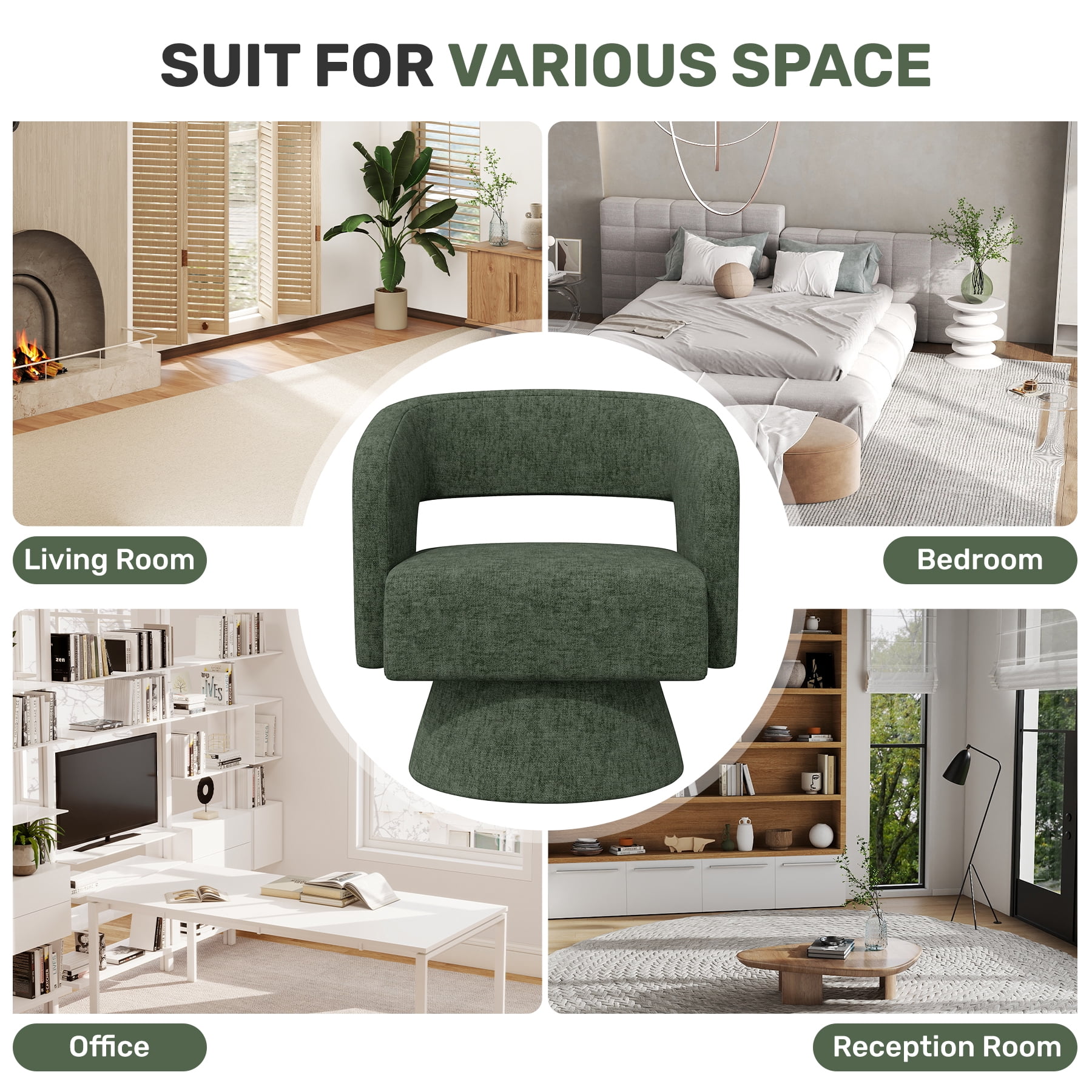 MOONMISS Oversized Chenille Swivel Barrel Accent Chair,Modern Comfy Round Arm Upholstered Armchair for Living Room,Green