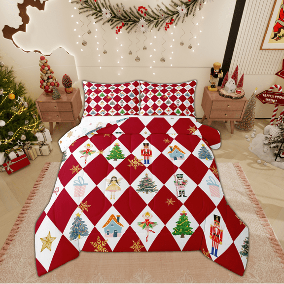 Manfei Christmas Nutcracker Bedding Comforter Set for Kid, Dreamy Princess Fairy Twin Comforter Sets, Retro Red Plaid Reversible Bedding Set, Luxury Bedroom Decor, 2 Pieces