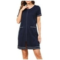 thumbnail image 3 of Feancey Women Zipper Robes Short Sleeve Casual Cotton Nightgowns Soft Lightweight Knee Length Bathrobe Cozy Loungewear Housecoat with Pockets Navy 2XL, 3 of 8