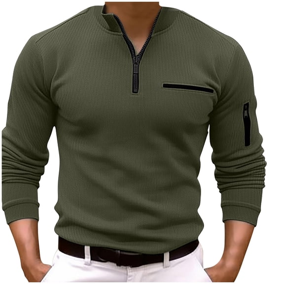 ZCFZJW Mens 1/4 Zip up Polo Shirts Casual Athletic Long Sleeve Solid Color Pullover Sweatshirts Trendy Crewneck Basic Workout Tees Shirt with Pockets Army Green S