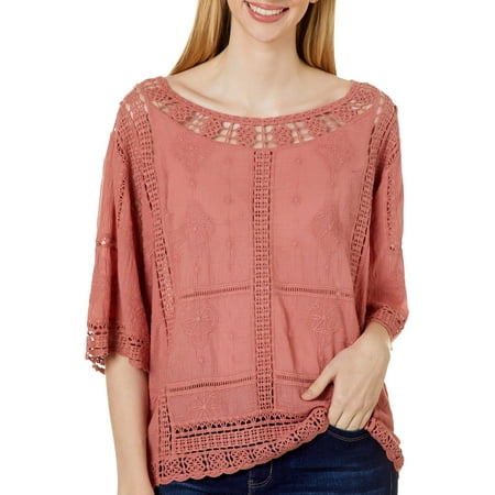 Democracy Womens Solid Crochet Trim Cropped Short Sleeve Top