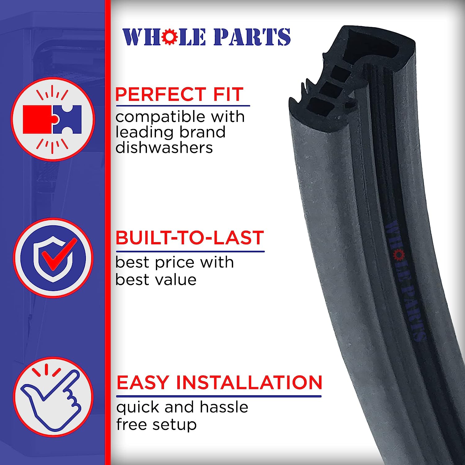 Whole Parts Dishwasher Door Seal Part # 117158011 - Replacement & Compatible With Some Frigidaire and Electrolux Dishwashers - 2 Yr Warranty