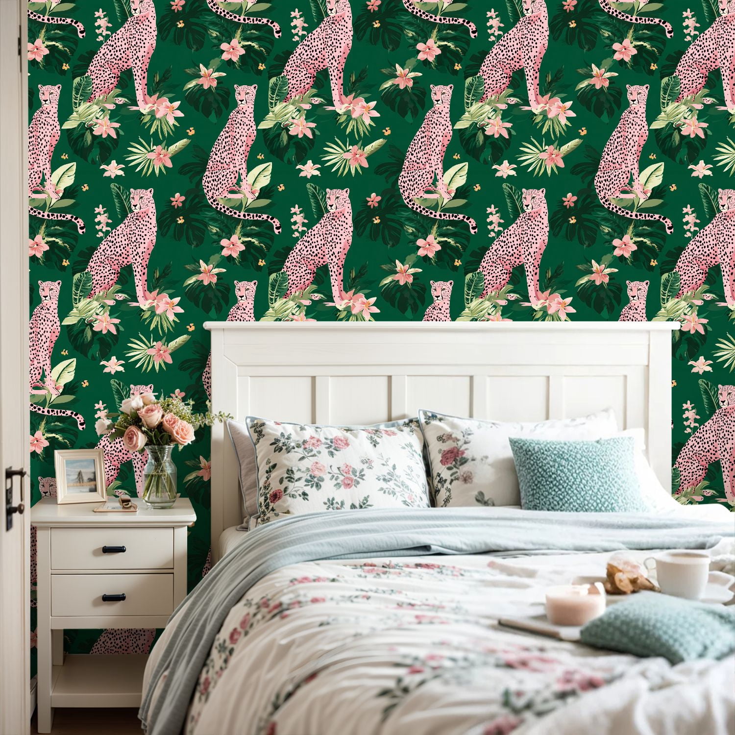 Peel and Stick Wallpaper seamless pink leopards flowers tropical leaves Trendy style 24in x 118in Contact Paper Removable Self Adhesive Wall Mural Wall Decor for Bedroom Kitchen Cabinets