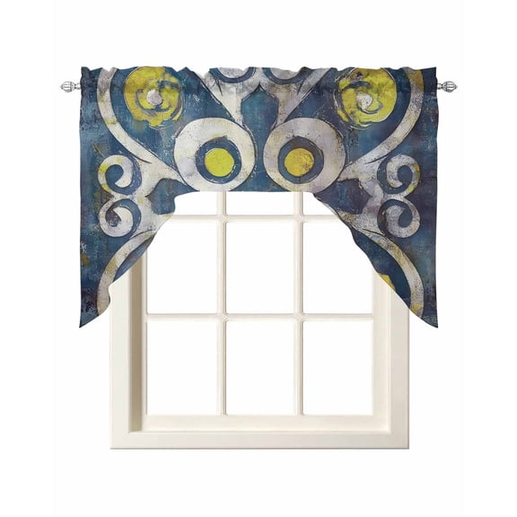 Retro Blue Yellow Kitchen Swag Valances for Windows, Boho Ethnic Abstract Geometric Swag Valances Curtains for Living Room, Rod Pocket Window Treatments for Bathroom, Bedroom, Cafe, 56"x36"