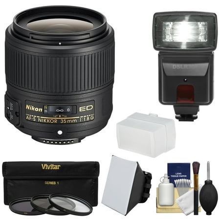 Nikon 35mm f/1.8G AF-S ED Nikkor Lens with 3 Filters + Flash & 2 Diffusers + Kit for D3200, D3300, D5300, D5500, D7100, D7200, D750, D810