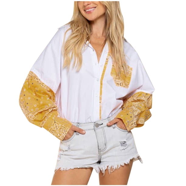 Moda mujer estampado Casual manga larga Turndown Collar botón camisa Tops Fridja fjkfkj7767