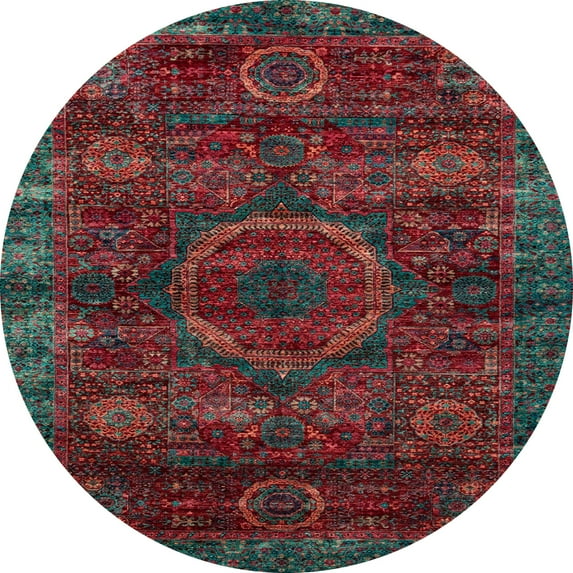 Ahgly Company Machine Washable Indoor Round Abstract Cranberry Red Area Rugs, 6' Round
