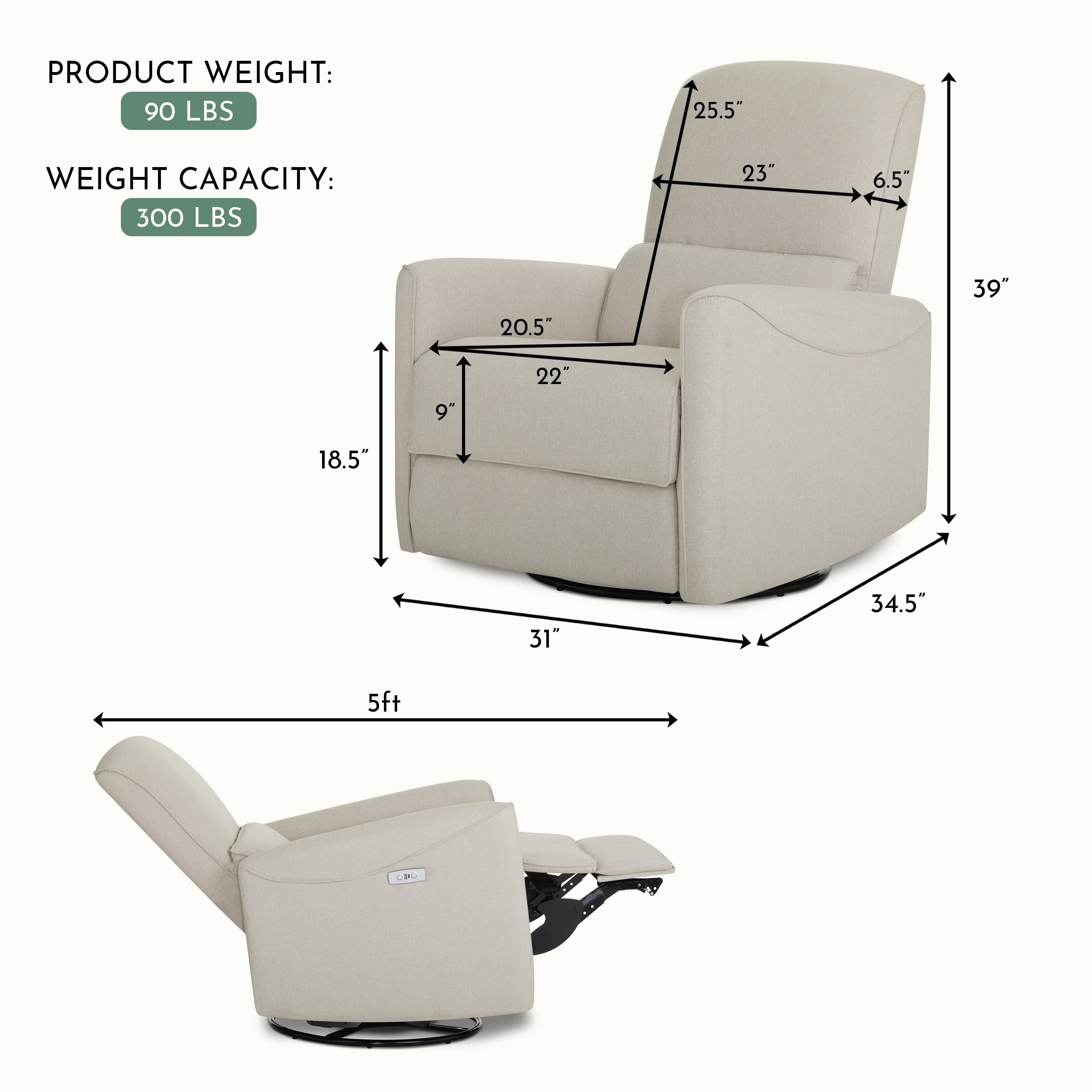 Evolur Belmont Power Recliner with Massager, Light Sand