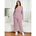 thumbnail image 3 of SHOWMALL Women's Plus Size 2 Piece Comfy Outfit Set – Long Sleeve Lounge Set Pink 3X Ribbed Knit Top and Pants, Perfect for Daily Casual Wear, 3 of 8