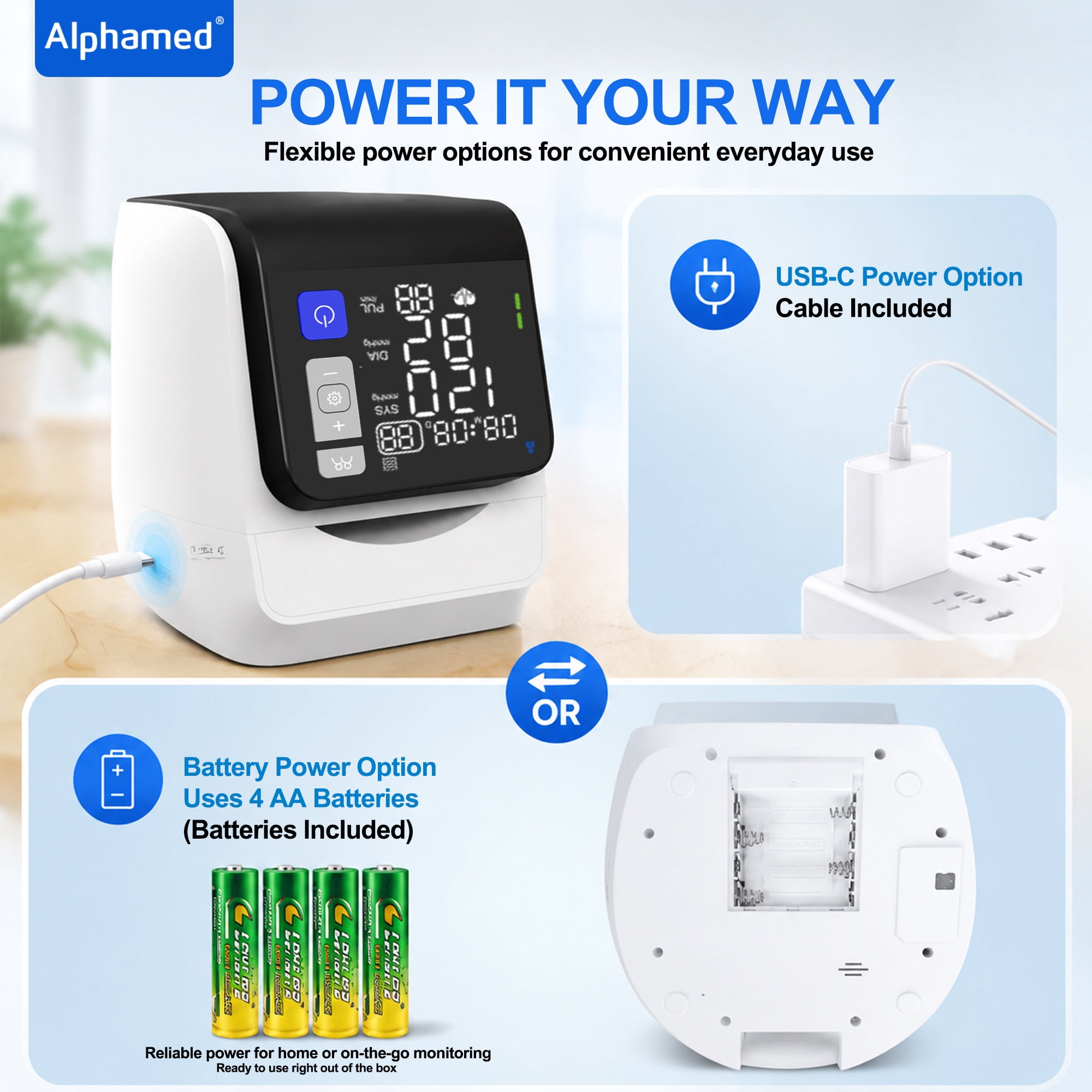 Alphamed Upper Arm Blood Pressure Monitor, Automatic Digital BP Machine, No Arm Wrap Design, Large LED Display, One-Button Use for Home & Seniors