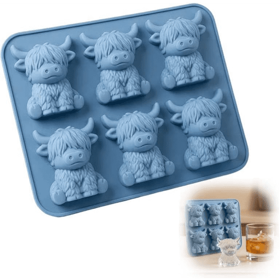 Mini Highland Cow Ice Cube Tray 3D Silicone Mold for Butter Chocolate Whiskey Fondant Jello BPA Free 6 Cavities Blue