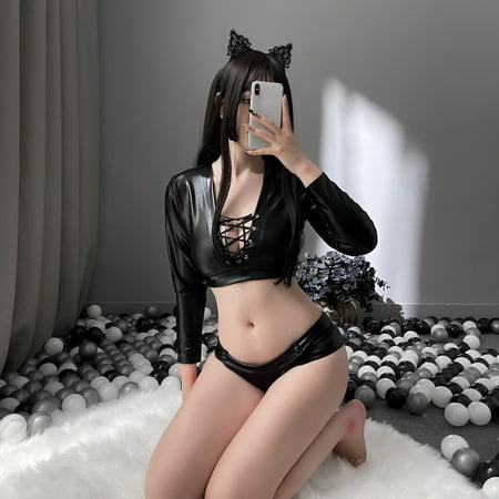 

Sexy Underwear Size Women Leather Lingerie Mesh Bodysuit Sleepwear Plus