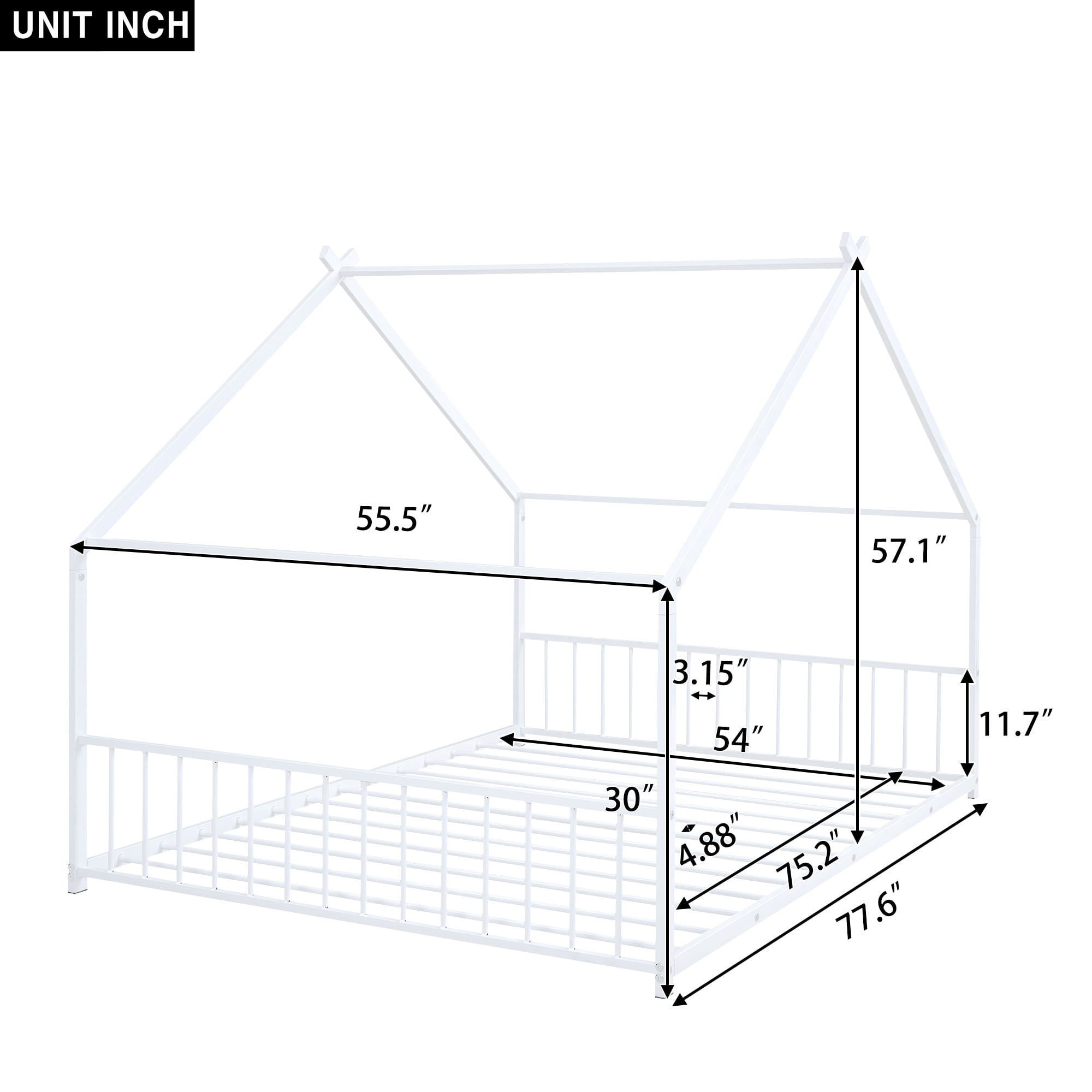 Gewnee Full Size House Bed with Roof and Fence,Metal Montessori Platform Bed for Toddle and Kids,White