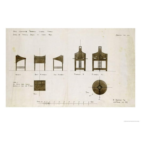 Designs for Writing Desks Shown in Front and Side Elevation, 1909, for the Ingram Street Tea Rooms Print Wall Art By Charles Rennie