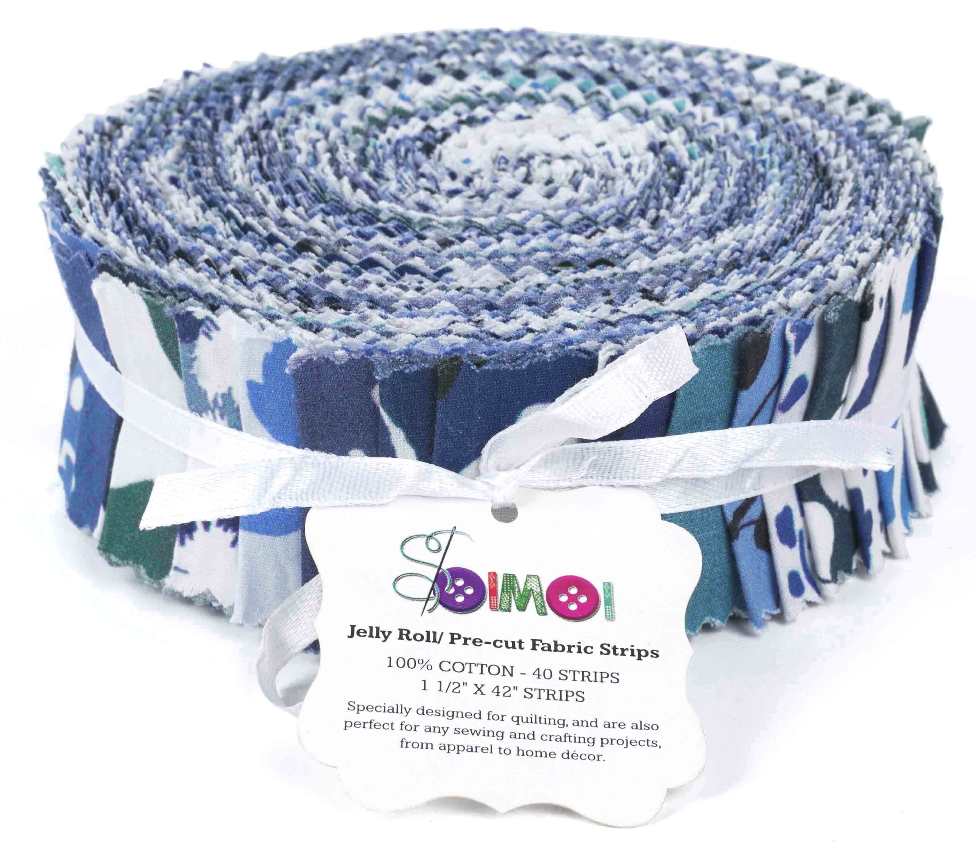 Soimoi 40Pcs Floral Artistic Print Precut Fabrics Strips Roll Up 1.5x42inches Cotton Jelly Rolls For Quilting - Blue