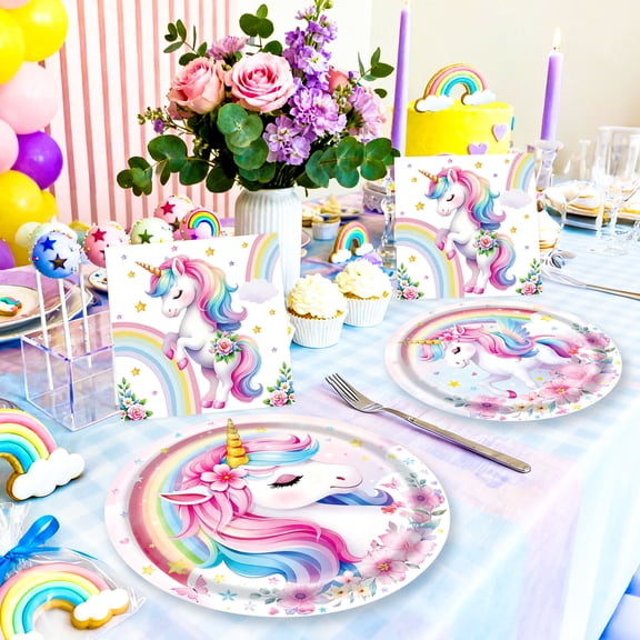 Unicorn Rainbow Flower Party Supplies Set - Magical Themed Paper Plates & Napkins Combo for Festive Gatherings