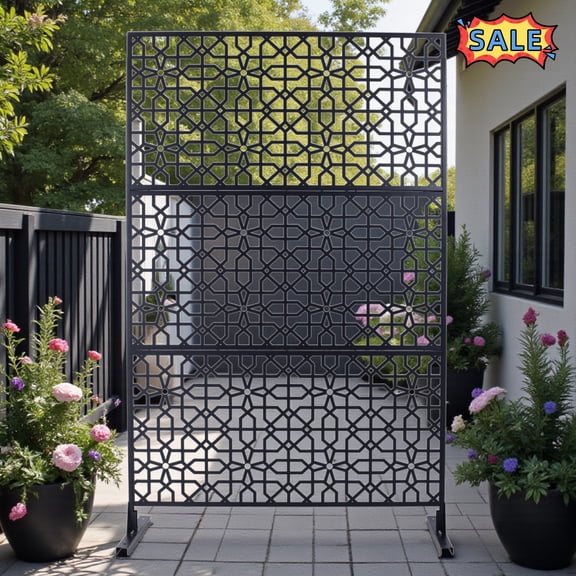 Tcbosik 48"W x 76"H Metal Privacy Screen, Indoor & Outdoor Freestanding Decorative Privacy Fence Panel for Deck, Porch, Patio, Balcony, Poolside, Black