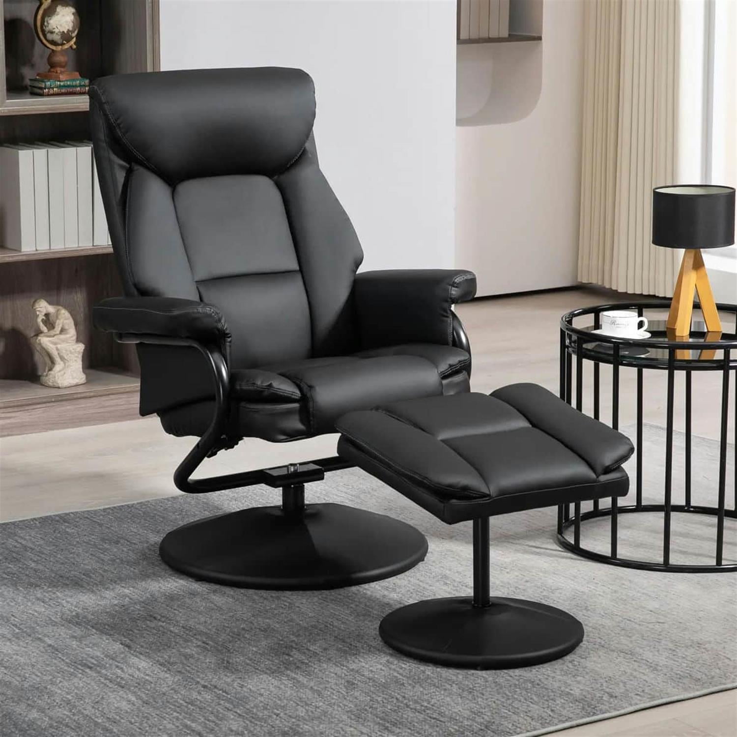 Demi Bonn 39" High-Back Reclining Ottoman Chair with Faux Leather, Swivel Ottoman for Living Room, Comfortable Lounge Chair, Black
