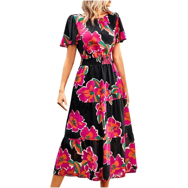 QIPOPIQ Robes pour Femmes Robe Fluide à Volants Manches Courtes Imprimé Tendance Décontractée Robes d'Été Robe Col Rond Robe Moulante Offres 2023
