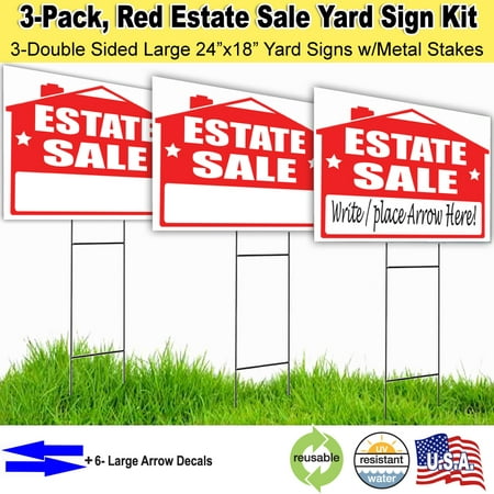 3 Pack Estate Sale Lawn Sign Kit with Arrow Stickers (Best Real Estate Signs)