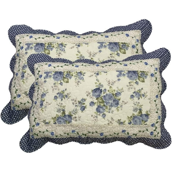2-Piece Boho Cotton Quilted Bed Pillow Shams Floral Printed Patchwork Pillow Shams Set, Standard Size (510 Blue, 20"x28")