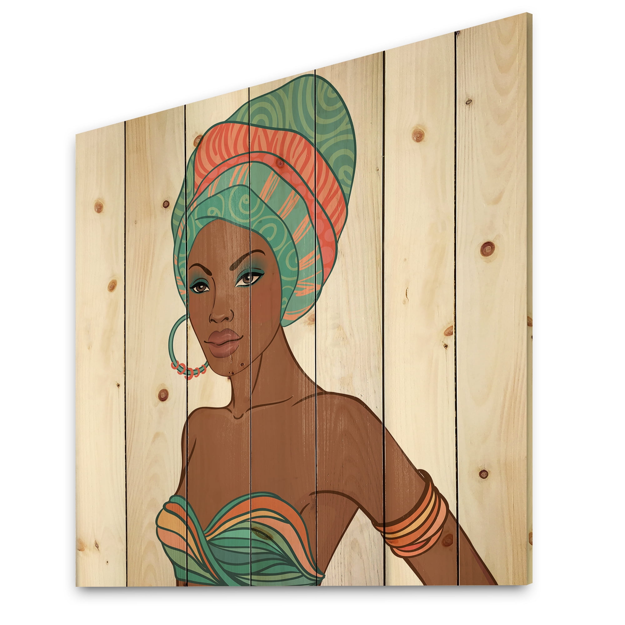 Designart 'African American Woman With Turban and Earring' Modern Print on Natural Pine Wood