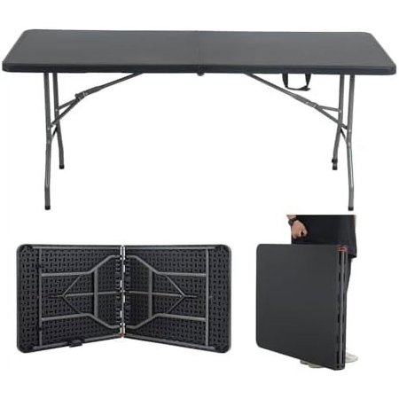6 Foot Folding Table with Sturdy Handle, Heavy Duty Centerfold 6FT Portable Table, Lightweight Indoor Outdoor Plastic FoldingTable for Picnic, Party, Camping - Black