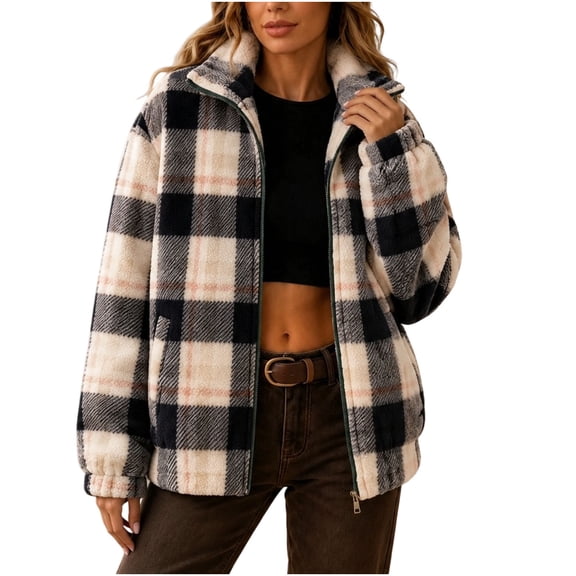 APEXFWDT Women Plaid Sherpa Fleece Jacket Zip Up Stand Collar Fuzzy Teddy Coat Loose Fit Casual Warm Outercoat