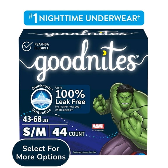 Goodnites Boys Nighttime Bedwetting Underwear, S/M (43-68 lbs), 44 Count
